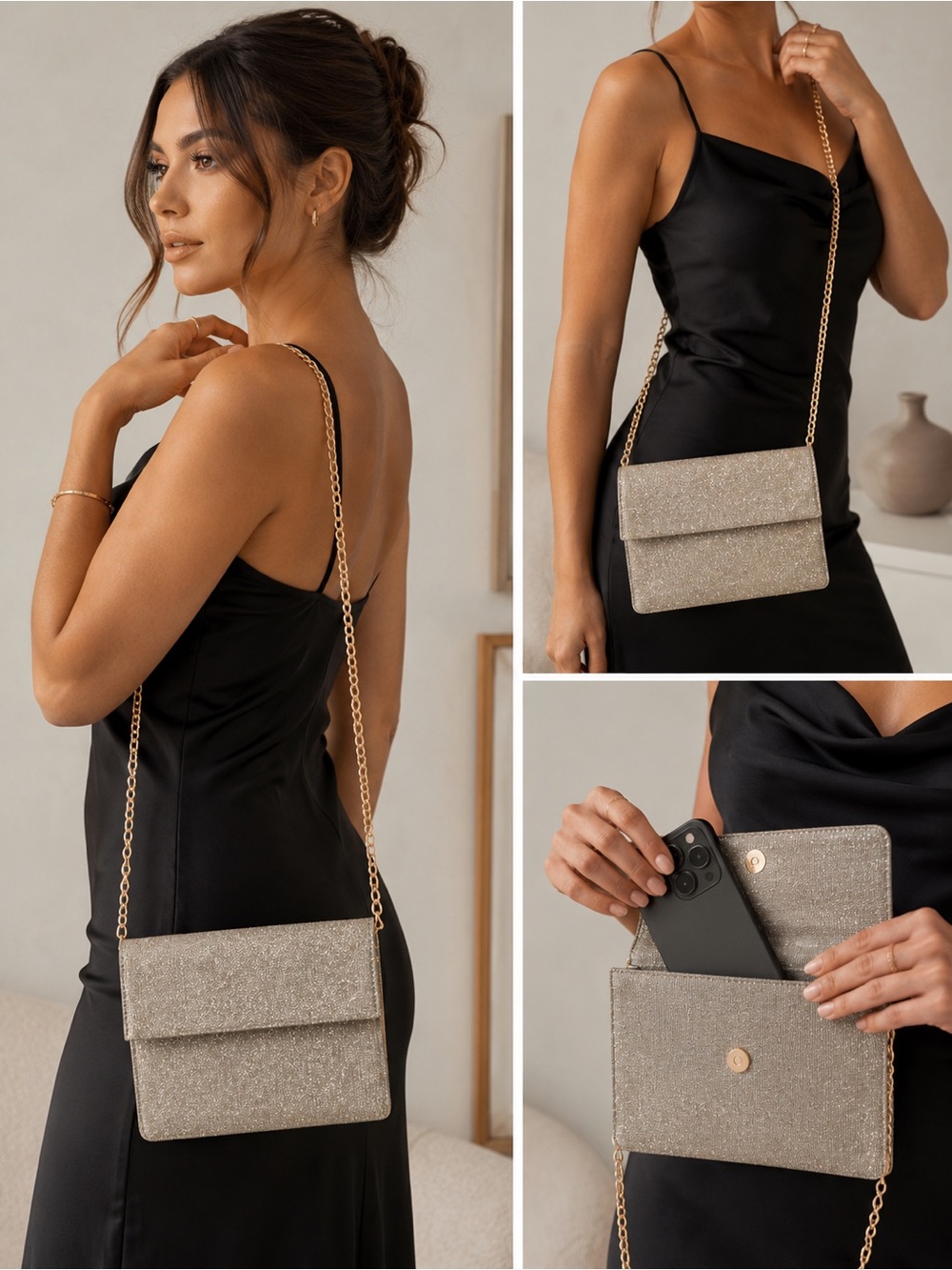 A New Day Glitter Crossbody Clutch Silver Gold Sparkle Evening Bag Chain Strap